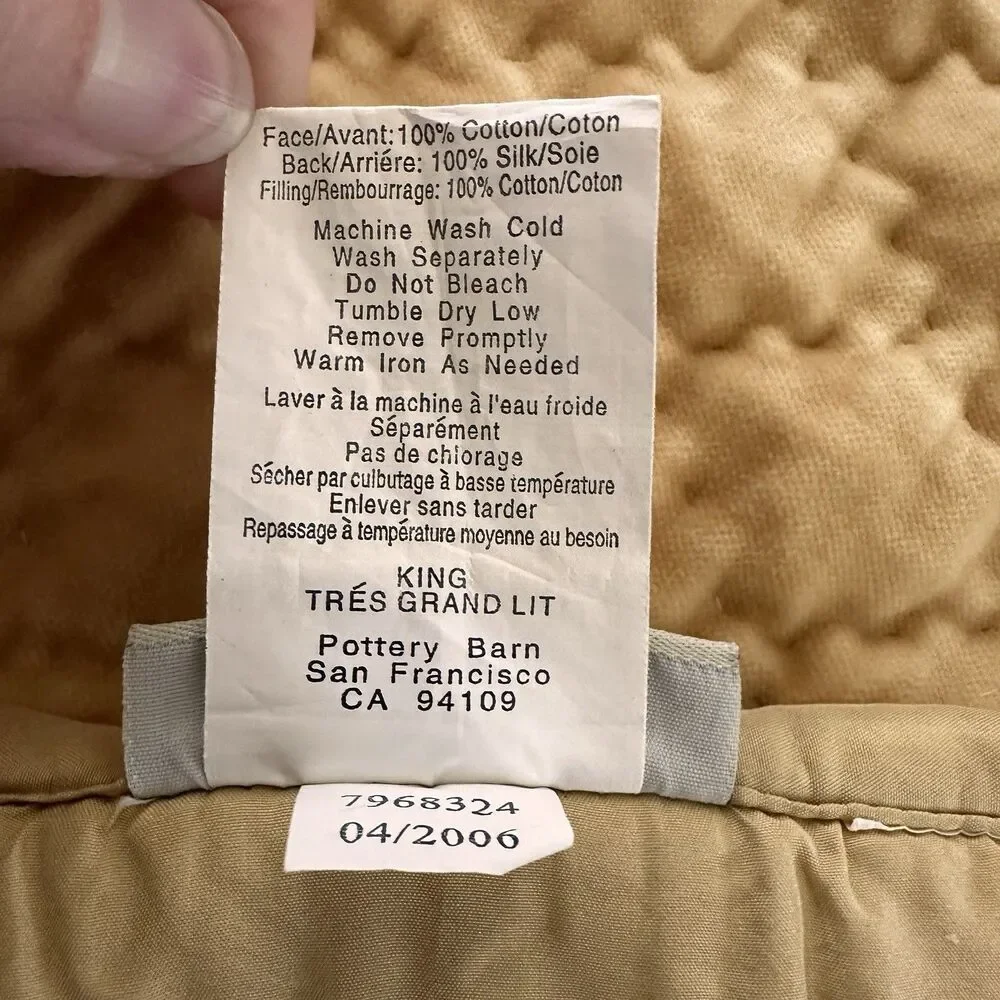 Pottery Barn Gold Washed Velvet Silk Diamond Quilt King Size + 3 Euro Shams